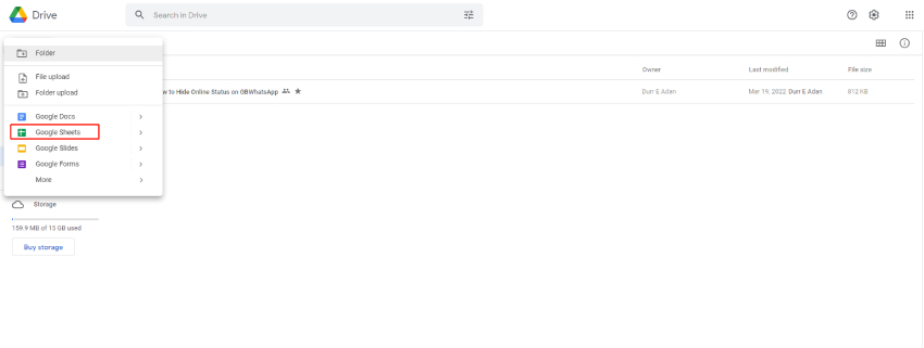 create a new google sheets file