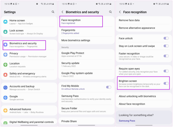 갤럭시 얼굴 인식 작동하지 않다- 밝은 스크린으로 변경하기