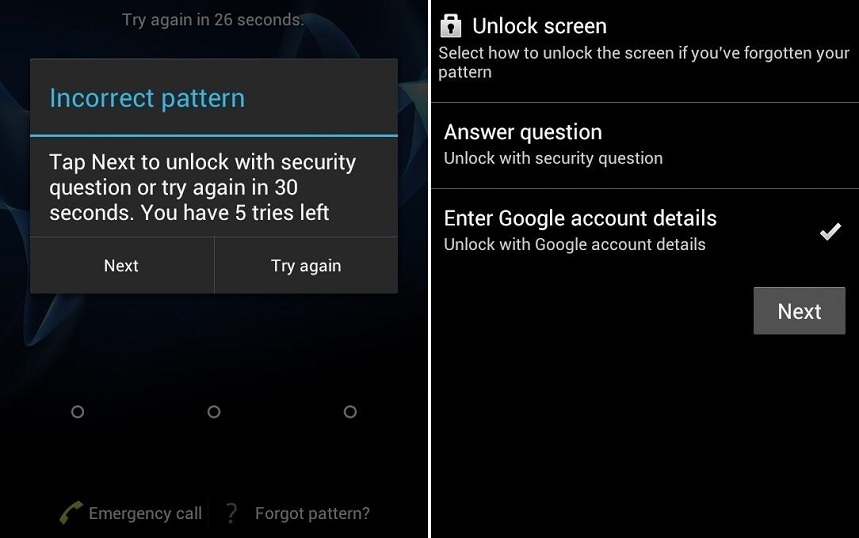 desbloquear el patrón olvidado bloquear Android usando la función de patrón olvidado