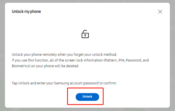 bypass samsung lock screen without losing data via find my mobile - click unlock to confirm