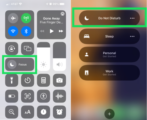 제어 센터에서 아이폰 집중모드 끄기 화면 예시