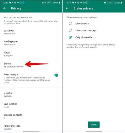 настройки конфиденциальности статуса WhatsApp