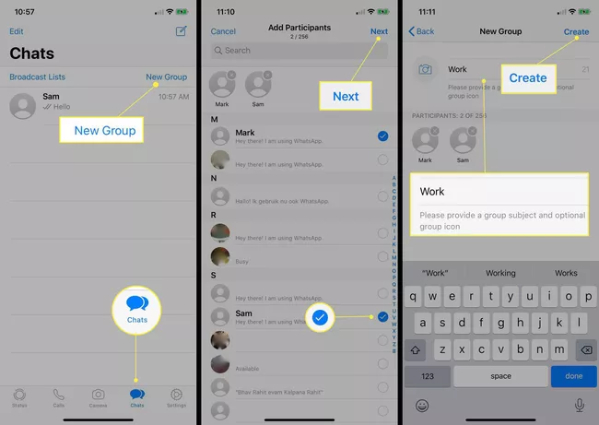 create a group to send whatsapp messages to multiple contacts on iphone