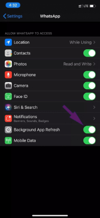 enable background app refresh for whatsapp to fix whatsapp messages not delivered