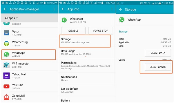 clear whatsapp cache on android