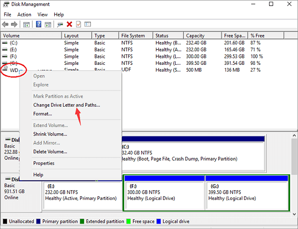 fix unrecognized WD external hard drive- change drive letter