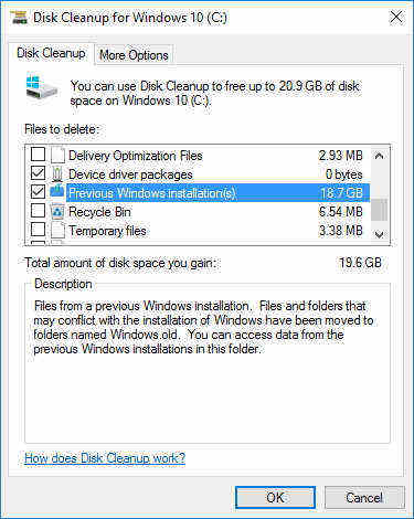 regain disk space after windows 10 upgrade