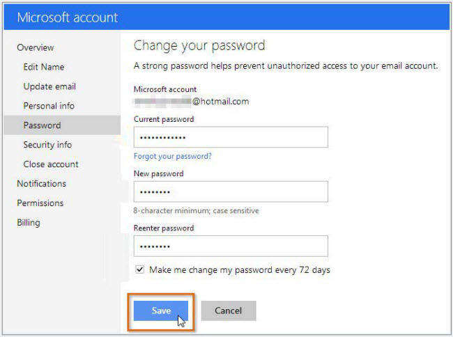how to change my microsoft account password on windows 10